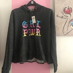 Tops - Girl Power Ruffle Trim Semi-Cropped Hoodie Tops - Girl Power Ruffle Trim Semi-Cropped Hoodie